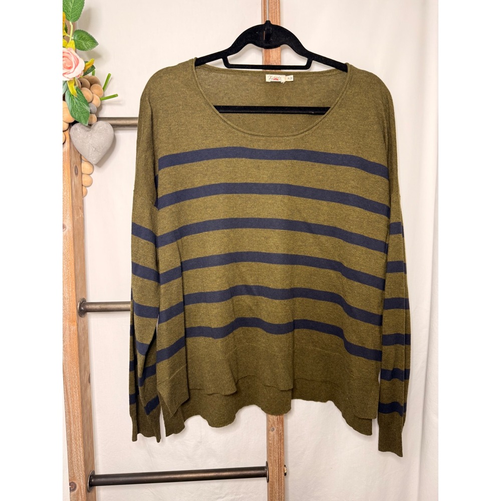 Faherty Brand Womens XL Olive Green Navy Striped Cotton Linen Sweater RN 140476